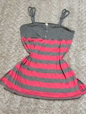 Pink & grey striped babydoll top with button details